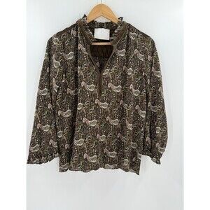I Love Binetti GORGEOUS Brown Paisley  V Neck Trimmed Brown Quilted Back Blouse